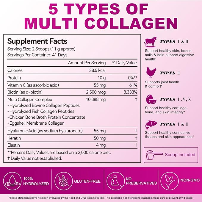 Collagen Peptides Powder, Multi Type I II III V X with Hyaluronic Acid, Biotin & Vitamin C, Unflavored Hydrolyzed Protein, Collagen for Women, Men, Keto & Paleo Friendly, Unflavored, 16 oz