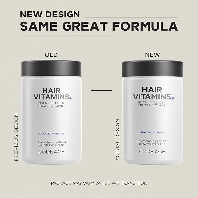 Codeage Hair Vitamins 10000 mcg Biotin, Keratin, Collagen, Vitamin A, B12, C, D3, E, Zinc, Turmeric, Probiotics, Enzymes, Inositol - Hair Care Support - Healthy Hair Supplement Pills - 2 Pack