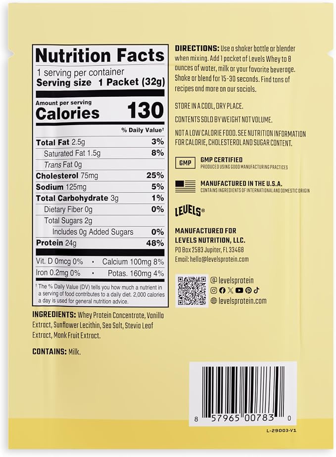 Levels Whey Protein Powder, No Artificials, Vanilla Bean, 12 Count | 24G of protein and 5.4G BCAAs per scoop, made with hormone-free dairy, zero junk, no fillers, no added sugar, certified clean