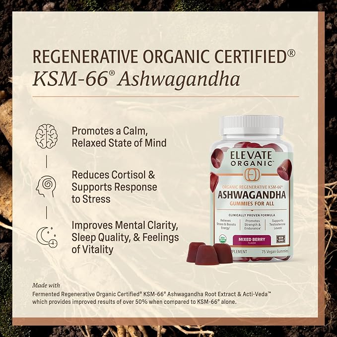 Regenerative Fermented KSM-66 Ashwagandha Vegan Gummies with Acti Veda™, Mixed Berry (600mg, 25 Servings), Up to 150% More Effective Than KSM-66 Alone