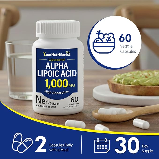 Advanced Liposomal Alpha Lipoic Acid 1000mg ALA Supplement for Nerve Relief, Cell Energy & Antioxidant Support, with Benfotiamine & Acetyl L-Carnitine, for Adults 40+, 60 Capsules
