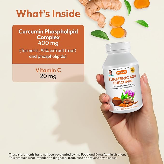 ANDREW LESSMAN Turmeric 400mg - 30 Capsules - 95% Curcuminoids as Phospholipid Complex for Optimum Benefits and Absorption, High Potency Standardized Extract, Small Easy to Swallow Capsules
