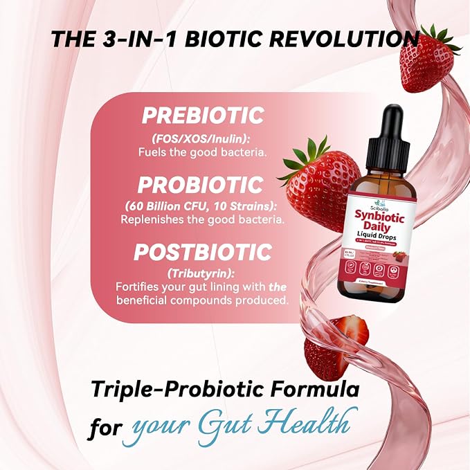 Synbiotic Probiotic Prebiotic Post -biotic Liquid Drops, Advanced 3-in-1 60 Billion CFU 10 Strains w/Immune Tributyrin Postbiotic for Gut Health & Digestive Support, Daily Complete Immune, Women Men