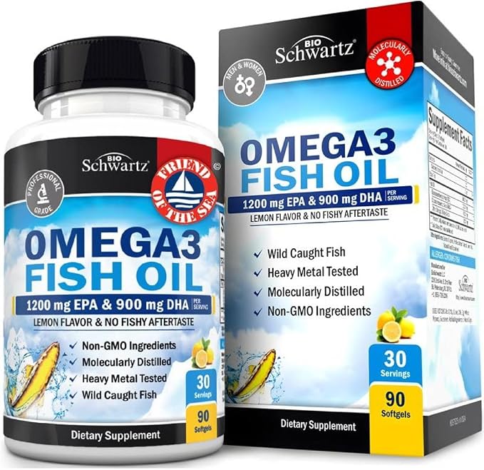 Triple Strength Omega 3 Fish Oil 3000mg - High Potency Omega 3 Supplement for Women and Men, Burpless Lemon Flavor Fish Oil - 2250mg Essential Fatty Acids with DHA & EPA, Wild Caught, 90 Softgels