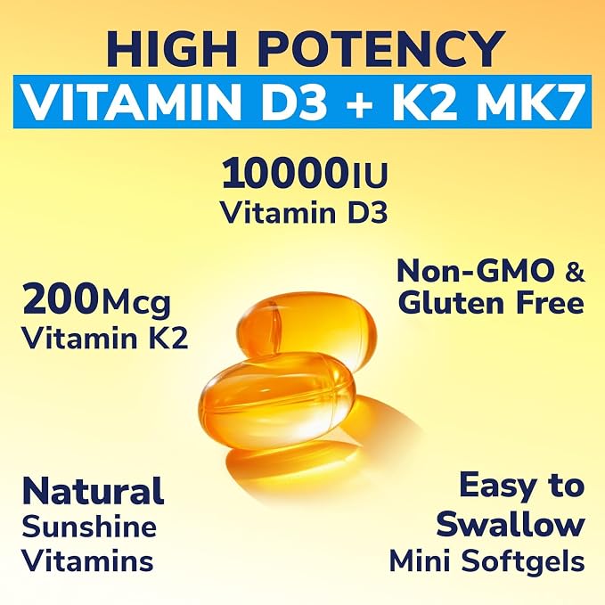 Vitalibre Vitamin D3 K2 Supplement, 10000 IU D3 / 200 mcg K2 MK7, Calcium Absorption, Bone, Heart, Immune & Mood Support, Enhanced Absorption, No Soy, Easy to Swallow, 300 Softgels