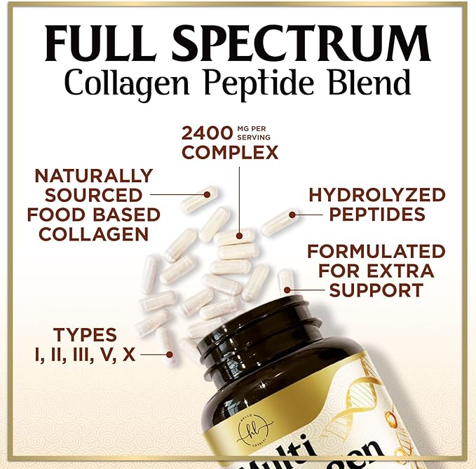 Multi Collagen Peptides for Women & Men - 2400mg per Serving - Best Hydrolyzed Collagen Complex with Type I, II, III, V, X - Hair, Skin, Nails & Joint Support Supplement - Bottled USA - 120 Capsules