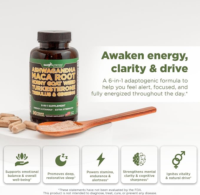Gade Nutrition Ashwagandha with Maca Root, Horny Goat Weed, Turkesterone Supplement, Tribulus Terrestris, Panax Ginseng | Made in USA | Pack of 3