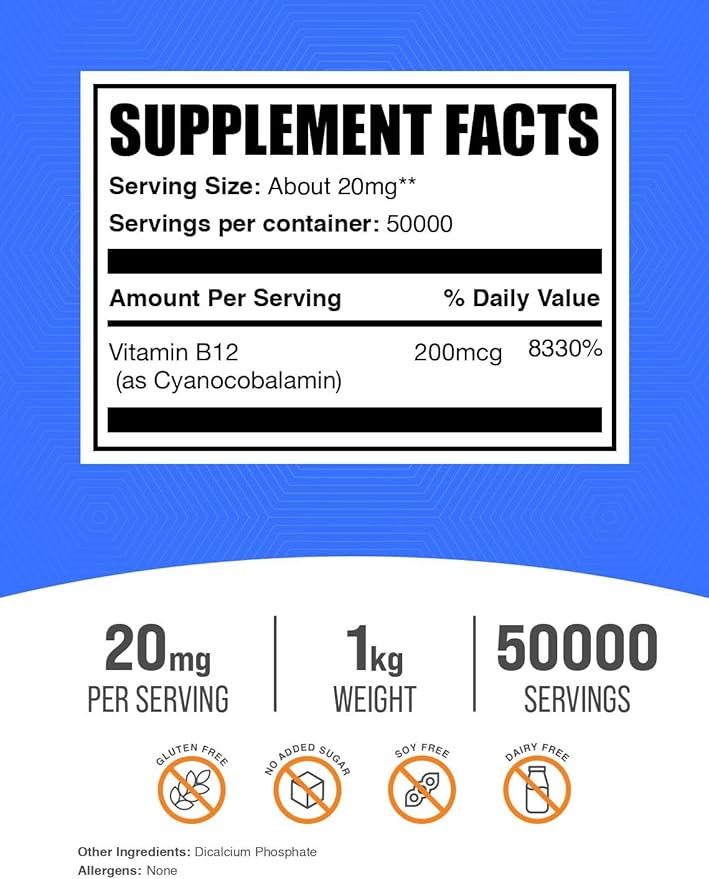 BulkSupplements.com Vitamin B12 Powder - as Cyanocobalamin, Vitamin B Supplement, Essential Vitamins- Gluten Free, 20mg per Serving, 1kg (2.2 lbs) (Pack of 1)