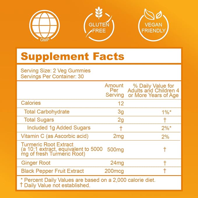 Turmeric Curcumin Gummies 500mg for Adults, with Black Pepper, Ginger Root, Vitamine C, Low Sugar Fruit Gummies, Orange Flavor - 120 Counts