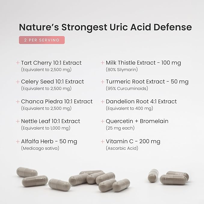 Uric Acid Cleanse & Gout Support – Tart Cherry, Celery Seed, Chanca Piedra, Milk Thistle & Turmeric for Kidney Detox, Joint Comfort & Uric Acid Balance – 11-in-1 Natural Formula - 120 Count