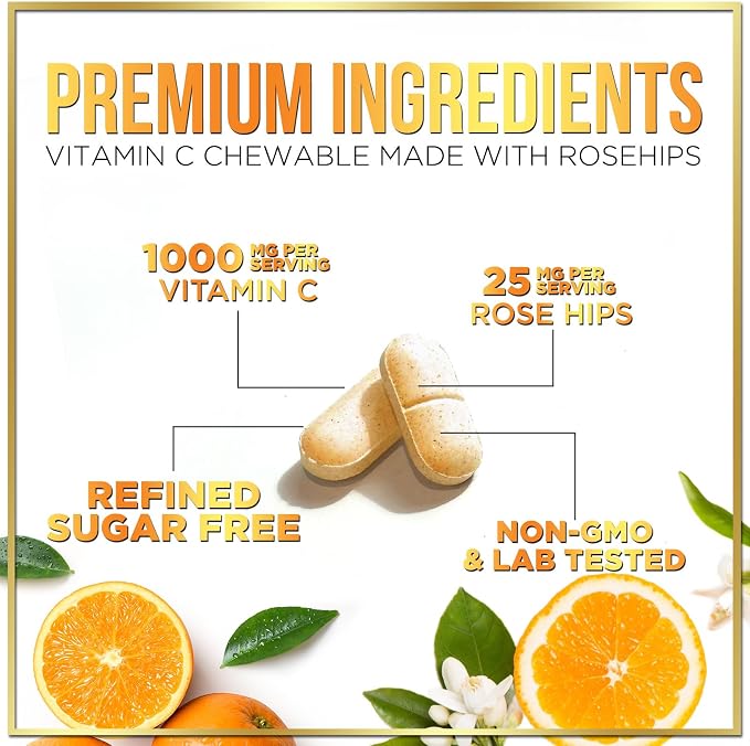Vitamin C 1000mg Per Serving - Extra Strength with Rose Hips Bioflavonoids - Sugar Free Vitamin C Chewable Pills, Vit C Supplement for Immune Support & Antioxidant, USA Bottled - 60 Chewable Tablets