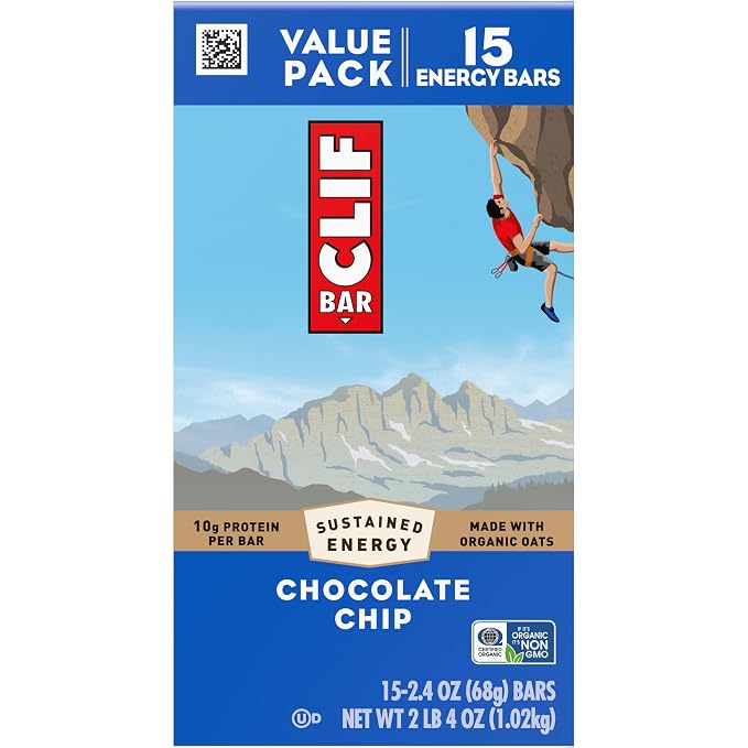CLIF BAR - Energy Protein Bars - Chocolate Chip - Made with Organic Oats - Energy Bars - Non-GMO - 15 Count, (Pack of 4)