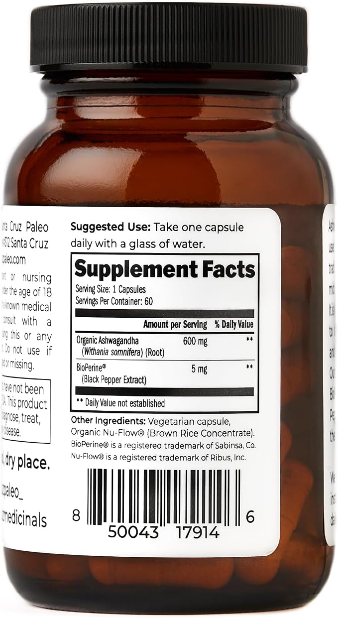 Santa Cruz Paleo Ashwagandha Capsules, 600mg Ashwagandha Root per Capsule, Gluten Free, Keto, Sugar Free, Paleo, Supports Energy, Focus, and Relaxation, BioPerine for Fast Absorption, 60 Capsules
