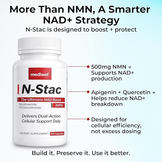 N-Stac NMN 500mg + Apigenin & Quercetin for NAD+ Support - Flavonoid NAD+ Preservation Complex - Third-Party Tested - 60 Veggie Capsules