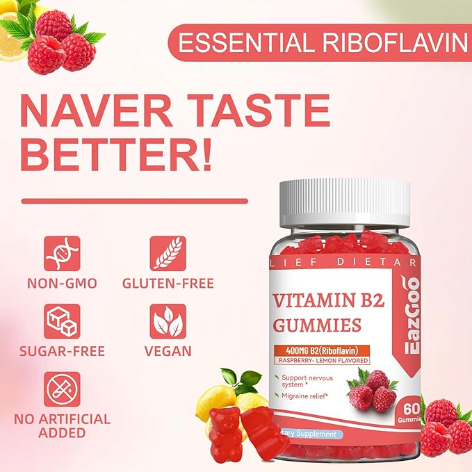 2 Pack Vitamin B2 Gummies - Riboflavin 400mg Supplement with Magnesium for Adults, B2 Gummies for Migraine Relief* & Nervous System Support* - Vegan, Sugar-Free, Raspberry-Lemon Flavor, 120 Count