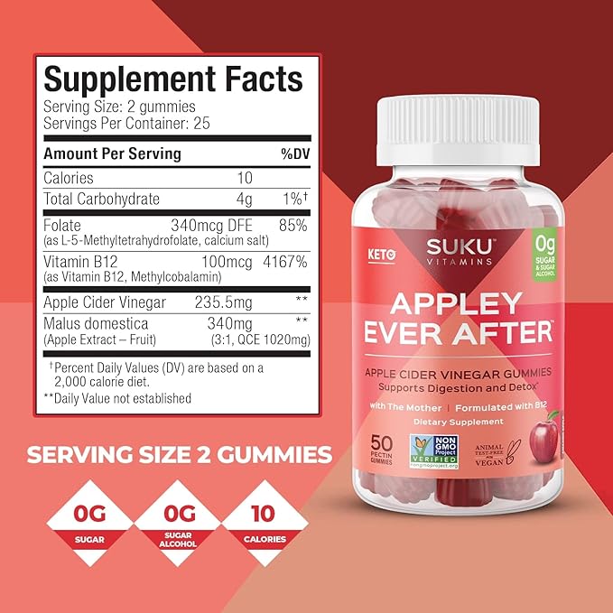 SUKU Appley Ever After Gummies – Apple Cider Vinegar with Methylated B12 & Folate – Sugar-Free, Gluten-Free, Vegan Detox & Energy Support – Amazing Apple Flavor – 50 Count