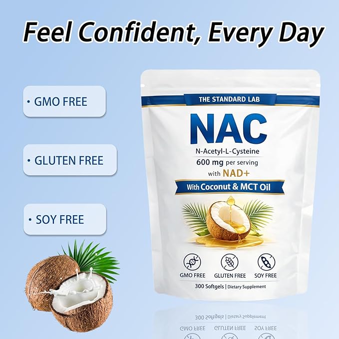 NAC Supplement 600mg | N-Acetyl Cysteine with NAD+ & Coconut Oil | Nicotinamide Complex | Non-GMO | 300 Count