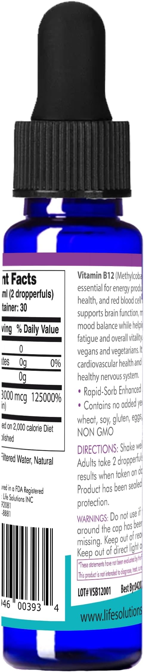 Life Solutions Liquid Vitamin B12 Methylcobalamin - Made in USA, Supports Energy & Metabolism, High Absorption Vitamina B12 Drops, 2 Fl Oz, Non-GMO, Gluten-Free