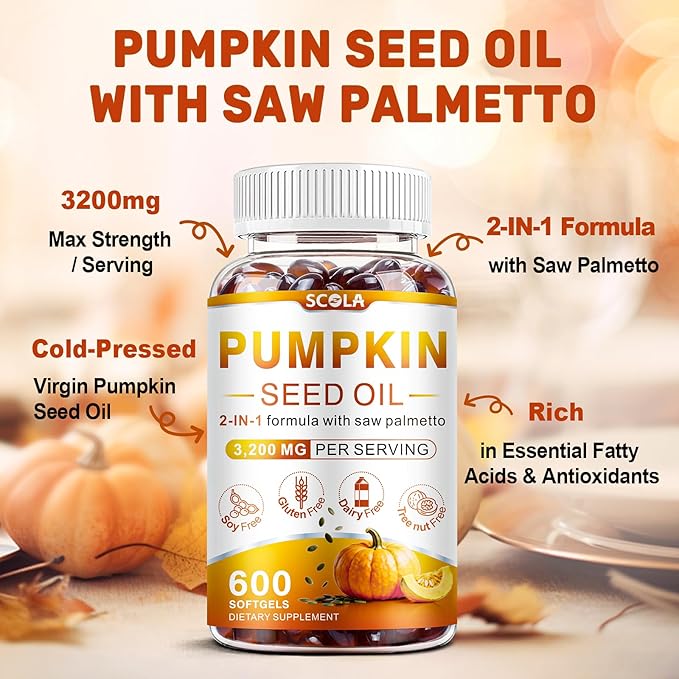 SCOLA Pumpkin Seed Oil with Saw Palmetto,3200mg/Serving,Cold-Pressed with Essential Fatty Acids & Phytosterols,Supports Hair, Immune,Bladder & Prostate Health,Non-GMO (600 Softgels)