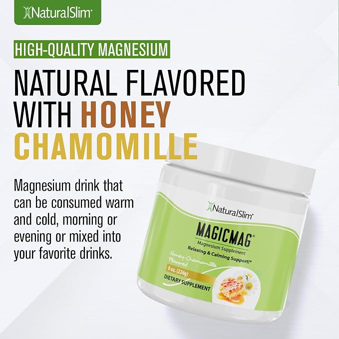 NaturalSlim Magicmag Pure Magnesium Citrate Powder Stress, Constipation, Muscle, Heart Health, and Sleep Support | Honey Chamomile Flavored Magnesium Supplement - 8oz Drink Mix (2 Pack)