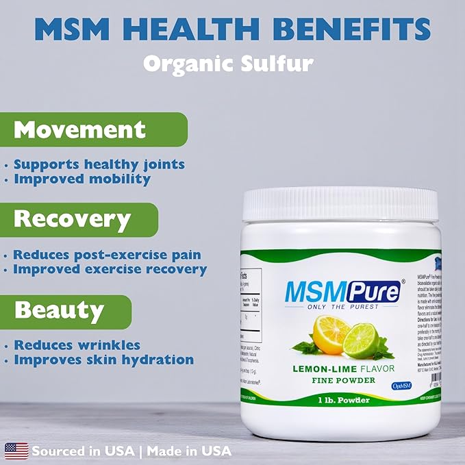 KALA HEALTH MSMPure Fast Dissolving Lemon Lime Flavored Fine MSM Powder Crystals – US-Made MSM for Joint Health, Skin Appearance, and Hair & Nail Support – 1 lb, Organic Sulfur