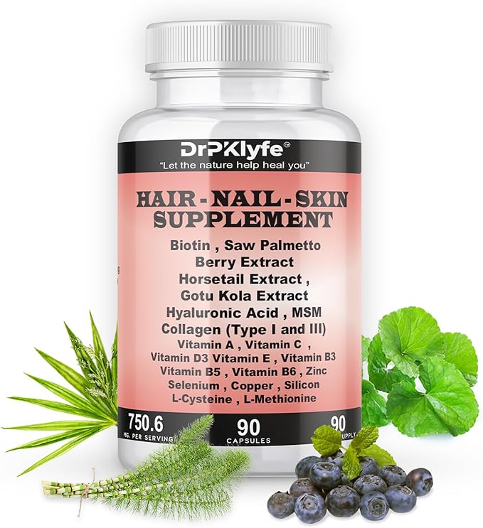 Hair, Nail and Skin Supplement Capsules:Biotin, Collagen, Collagen Peptides, Acid Hyaluronic, Biotin, Vitamin A, C, B5, B6 Saw Palmetto & More - 90 Capsules.