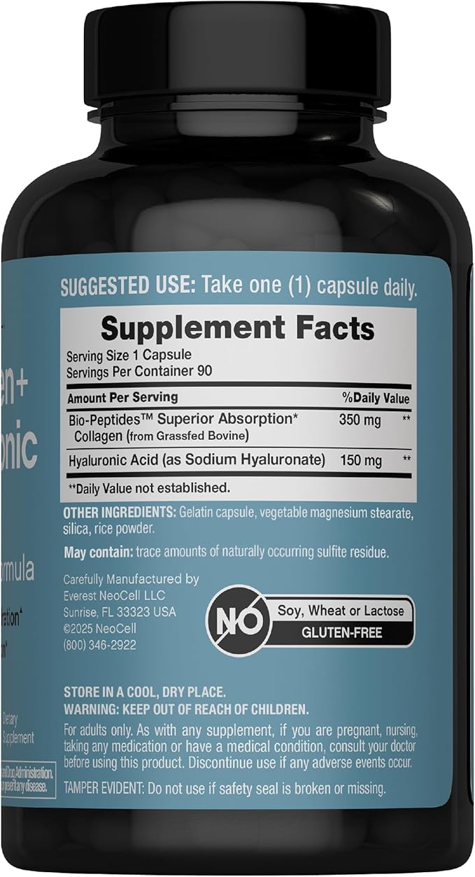 NeoCell Collagen Peptides Capsules | 90 Count | Plus Hyaluronic Acid | Skin Hydration | Superior Absorption | Advanced Grass Fed Formula Supplement | for Women and Men