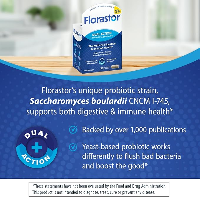 Florastor Probiotics for Digestive and Immune Health, 30 Capsules, Probiotics for Women & Men, Helps Flush Out Bad Bacteria, Boosts The Good with Our Unique Strain Saccharomyces Boulardii