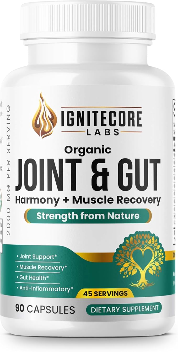 Organic Joint & Gut Harmony – Turmeric Curcumin, Boswellia, Type II Collagen, Tart Cherry, Ginger, Moringa, Probiotics – Joint Comfort, Mobility, Flexibility, Gut Balance, Digestive Support – 2000mg