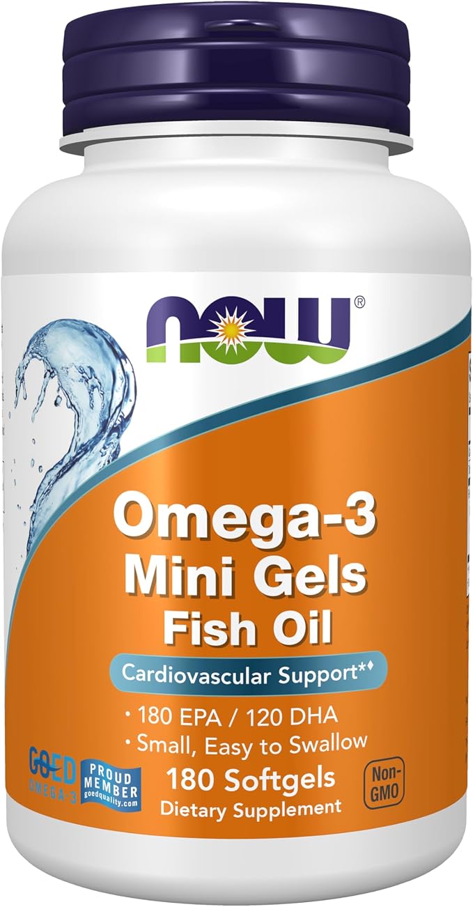 NOW Supplements, Omega-3 Mini Gels, 180 EPA/120 DHA, Molecularly Distilled, Cardiovascular Support*, 180 Softgels