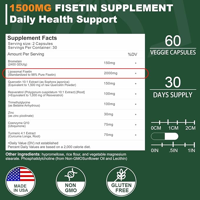 Liposomal Fisetin Supplement, 2000MG, 98% Pure Fisetin Polyphenols Antioxidants, with Quercetin, TMG and Resveratrol, for Healthy Aging, Cognitive Support, 120 Capsules