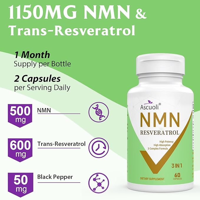 99% Ultra Purity NMN 500mg + Trans-Resveratrol 600mg, 1150mg NMN Resveratrol Supplement, 3-in-1 Advanced Formula for Boost* NAD, Cell, Immune, Energy & Muscle, Healthy Aging, Stabilized Form - 60 Caps