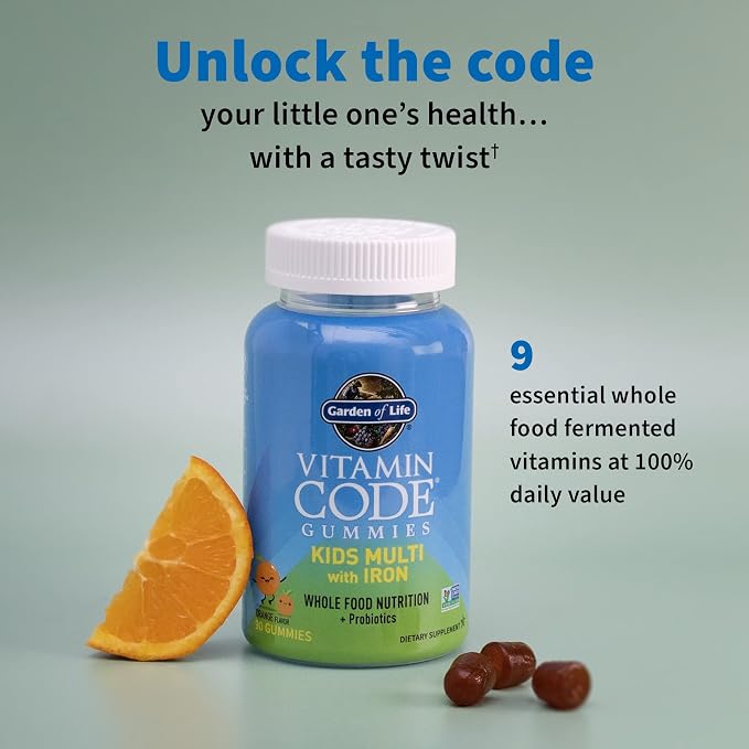 Kids Multivitamin Gummy with Iron + Probiotics for Immune Health & Digestion: Vitamins D, C, E, B, Zinc for Energy & Development, Vitamin Code, Non-GMO, Gluten-Free, 90 Orange Gummies, 30 Day Supply