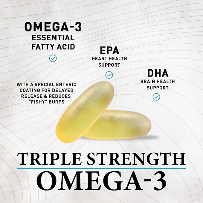Omega 3 Fish Oil Supplements - 2400mg Fish Oil Per Serving - Triple Strength Omega-3 with EPA & DHA Fatty Acids - Natural Heart, Brain & Immune Support - Wild Caught, Bottled in USA - 120 Softgels