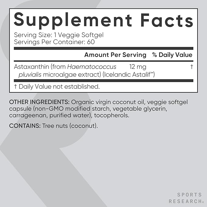 Sports Research Triple Strength Vegan Astaxanthin Supplement from Algae - Plant Based Softgels for Antioxidant Activity, Skin & Eye Health - Non-GMO Verified, Made with Coconut Oil - 12mg, 60 Count