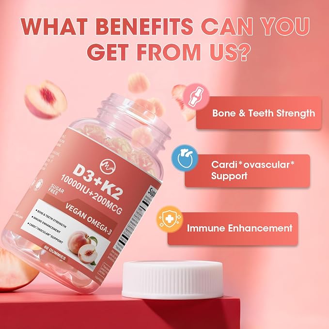 M inch Vitamin D3 K2 Gummies, Vitamin D3 10000IU, K2 (MK-7) 200mcg, 6-in-1 Vitamina D3 Con K2 Supplement with Omega-3, Magnesium and Calcium for Bones, Teeth & Immune Support, Sugar Free, 2 Packs