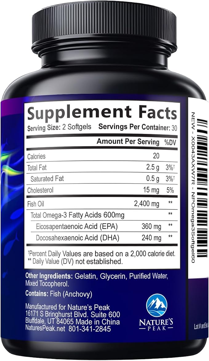 Omega 3 Fish Oil Supplements - 2400mg Fish Oil Per Serving - Triple Strength Omega-3 with Fatty Acids EPA & DHA - Natural Heart, Brain & Immune Support - Wild Caught, Bottled in USA - 60 Softgels