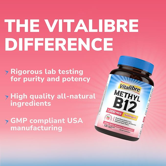 Vitamin B12 1000 mcg, Sublingual Methylcobalamin, Natural Peach Flavor, Nervous System Health, Energy Support, No Sugar, 120 Fast Dissolve Tablets