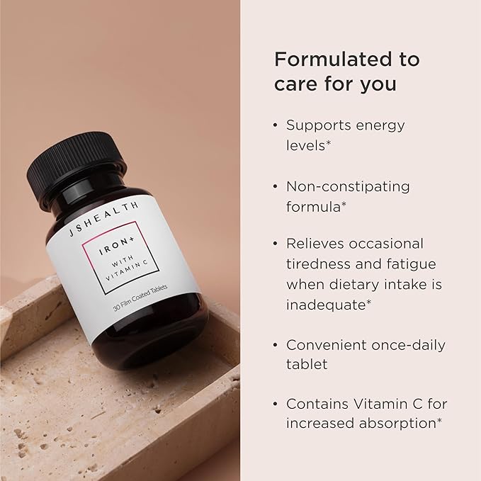 JSHealth Iron Supplement with Vitamin C. Ferrochel Iron Supports Energy Levels. Non-Constipating, with B Vitamins. By Nutritionist Jessica Sepel (30 Tablets)