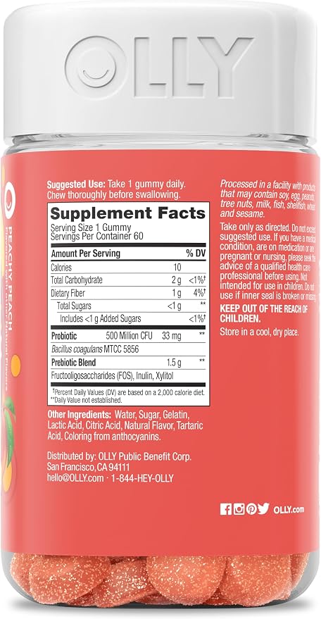 OLLY Probiotic + Prebiotic Gummy,Digestive Support and Gut Health,500 Million CFUs,Fiber,Adult Chewable Supplement for Men and Women,Peach,60 Day Supply -,60 Count (Pack of 2)
