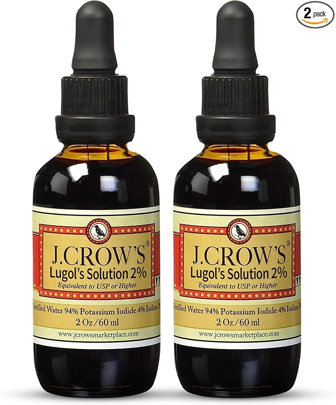 J.CROW'S® Lugol's Iodine 2% Solution, Iodine & Potassium Iodide 2 oz (2 Bottles) - Liquid Supplement Drops - Non-GMO, Alcohol-Free - 1200 Drops
