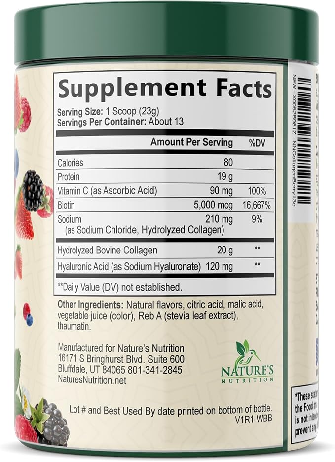 Collagen Peptides Powder 20g - Hydrolyzed Type 1 & 3 Berry Flavor Collagen Powder - Biotin, Hyaluronic Acid, Vitamin C - Hair, Skin, & Nails Support Supplement for Women & Men - Bottled in USA, 10.5oz