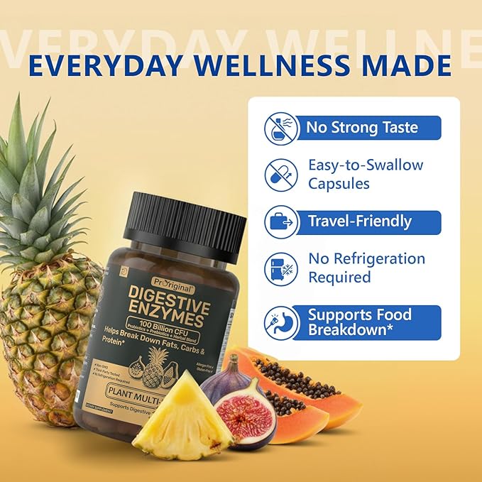 Digestive Enzymes Supplement with 100 Billion CFU Organic Probiotic & Prebiotic - Multi-Enzyme Formula for Women & Men - Supports Digestive & Gut Health, Aids Protein, Carb & Dairy Digestion, 180 Caps