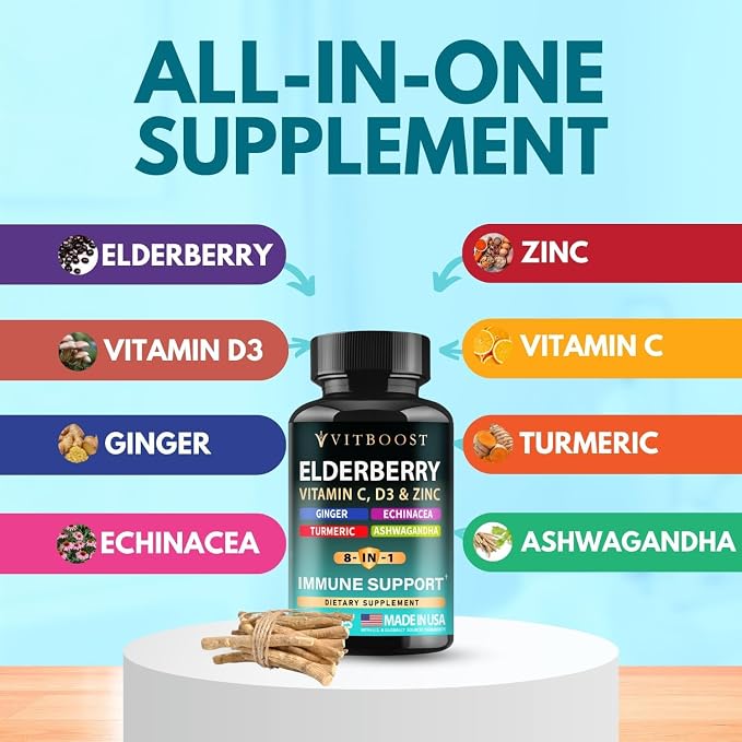 2 Pack Elderberry Immune Support Supplement 8-in-1 Formula with Echinacea, Vitamin C & Zinc, Vitamin D 5000 IU, Turmeric, Ginger, Ashwagandha – 60 Capsules Each