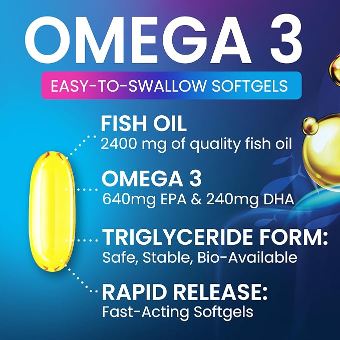 Omega 3 Fish Oil Supplements - 2400mg Fish Oil Per Serving - Triple Strength Omega-3 with Fatty Acids EPA & DHA - Natural Heart, Brain & Immune Support - Wild Caught, Bottled in USA - 60 Softgels