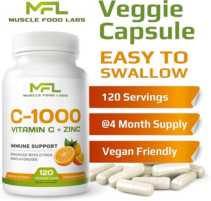 | Vitamin C + ZINC | C - 1000 | VIT C 1000mg | Zinc 25mg | Citrus Bioflavonoids 25mg | Non-GMO & Gluten Free | 120 Capsules