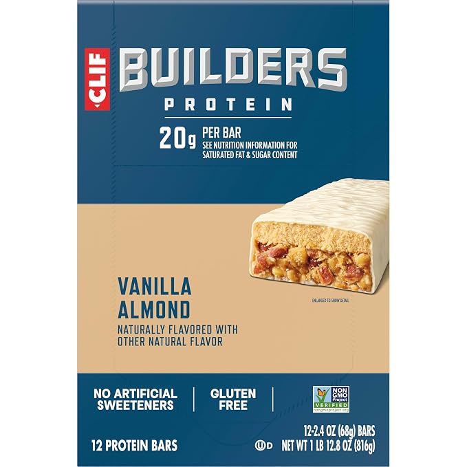 CLIF BUILDERS Protein Bars - Vanilla Almond Flavor - 20g Plant Based Protein - Gluten Free - Non-GMO - Low Glycemic - No Artificial Sweeteners - 2.4 oz. (Pack of 144)