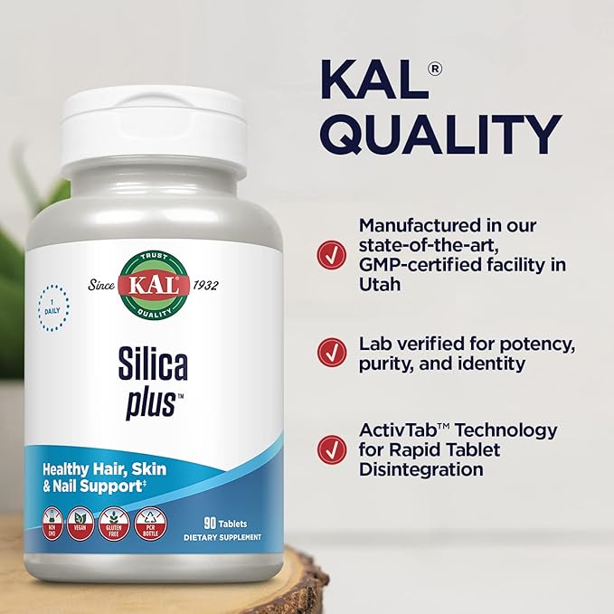 KAL Silica Plus, Silica Gel with Horsetail Extract, Healthy Hair, Skin & Nails Support, Maximum Absorption, Vibrant Hair, Glowing Skin Supplement, Vegan, Gluten Free, 90 Serv, 90 Quick Dissolve Tabs
