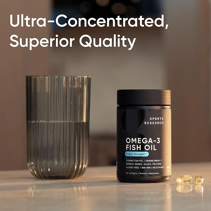 Sports Research Triple Strength Omega 3 Fish Oil 1250mg from Wild Alaskan Pollock - Burpless Fish Oil Supplement with Omega-3 EPA & DHA - Sustainably Sourced, Non-GMO, Gluten Free - 30 Softgels
