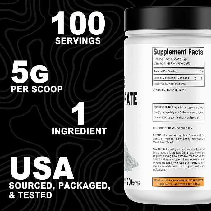 It's Just! - Creatine Monohydrate Powder, Pure Creatine Powder, Made in USA, 3rd Party Lab Tested, 5g Per Serving, Scoop Included, No Fillers, No Added Flavor (Unflavored, 1000g / 200 Servings)